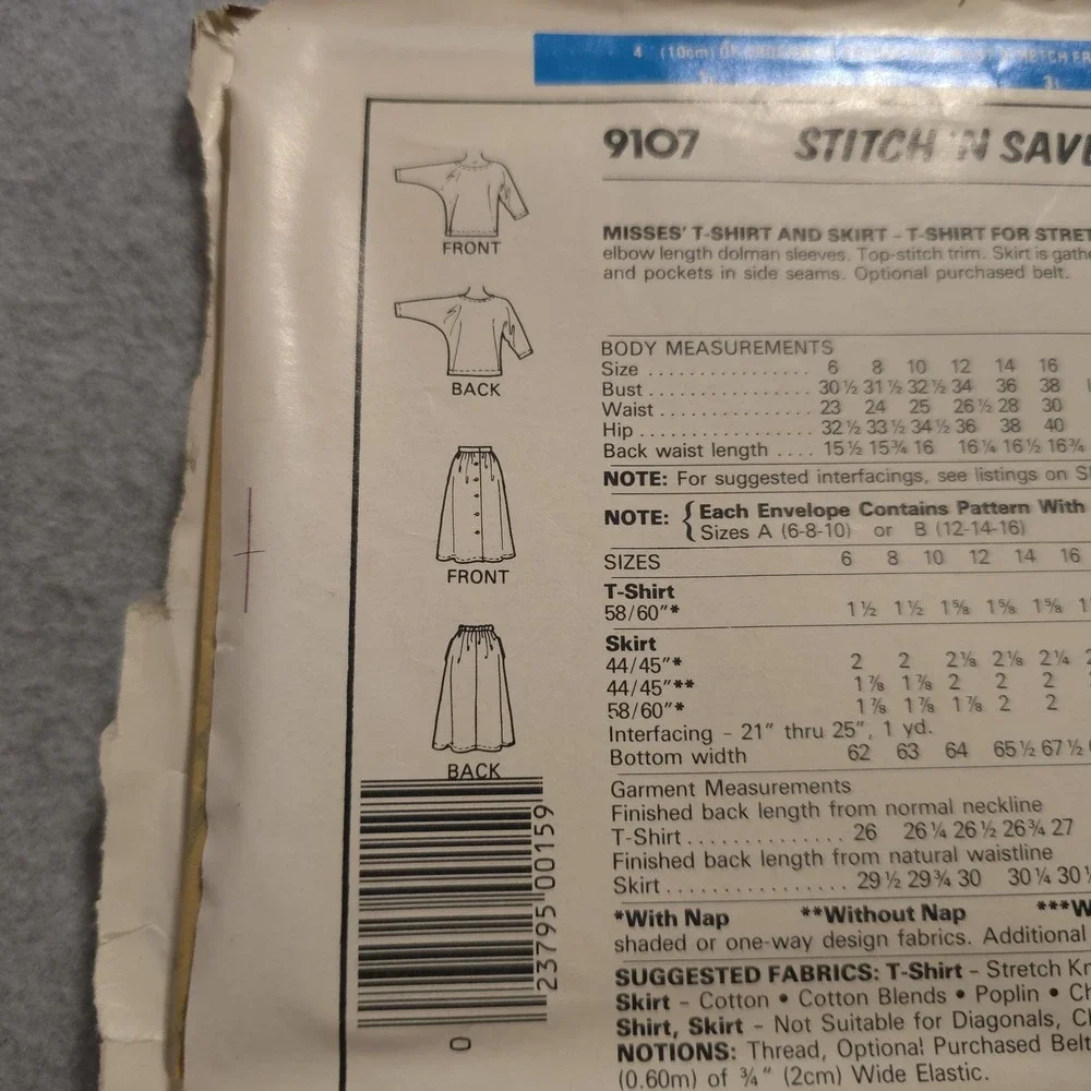 McCall's Stitch 'N Save 9107 Top & Skirt Sewing Pattern Sz 12-16 UNCUT 1980s